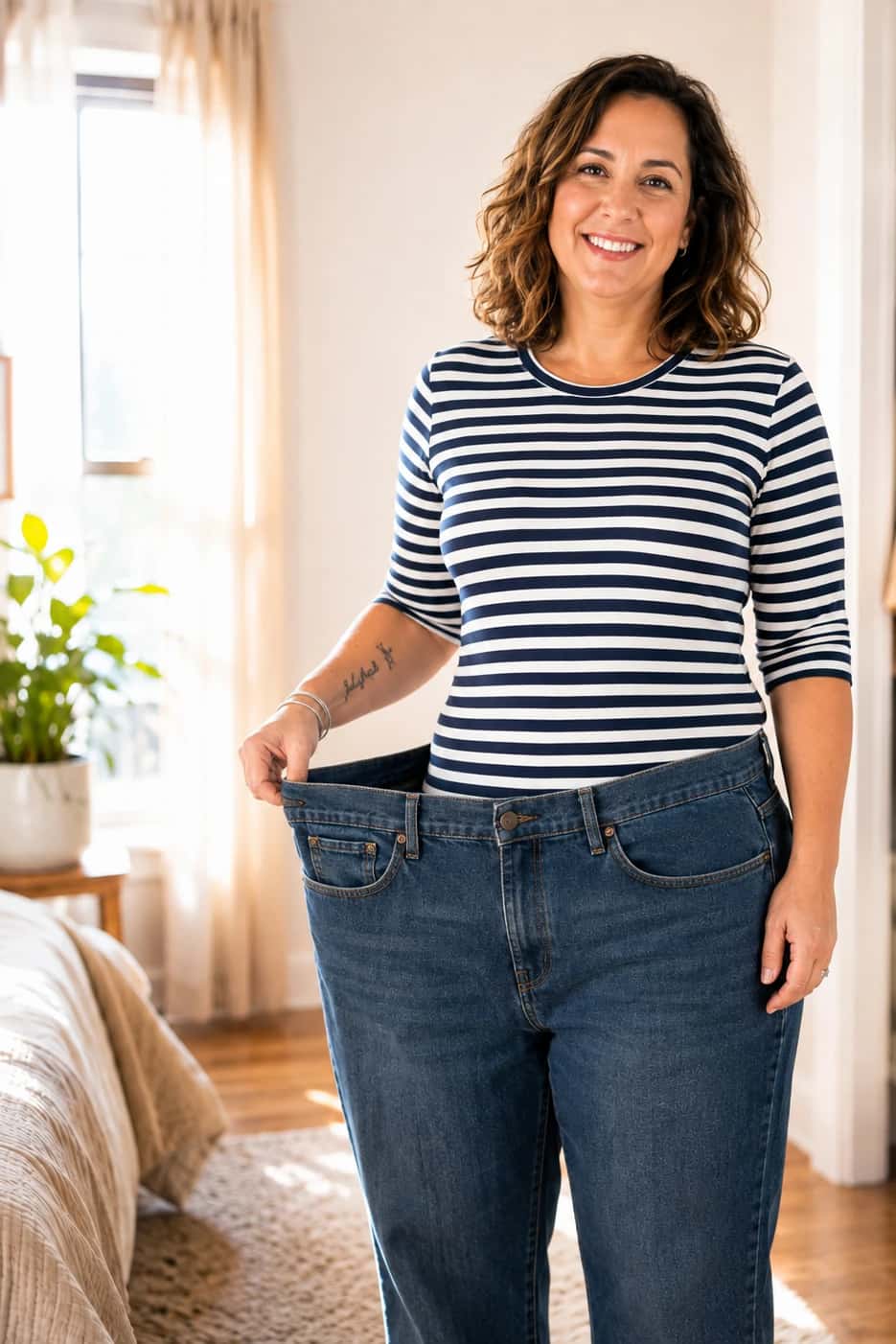 A smiling woman in a striped top holding out the waistband of her now-oversized jeans