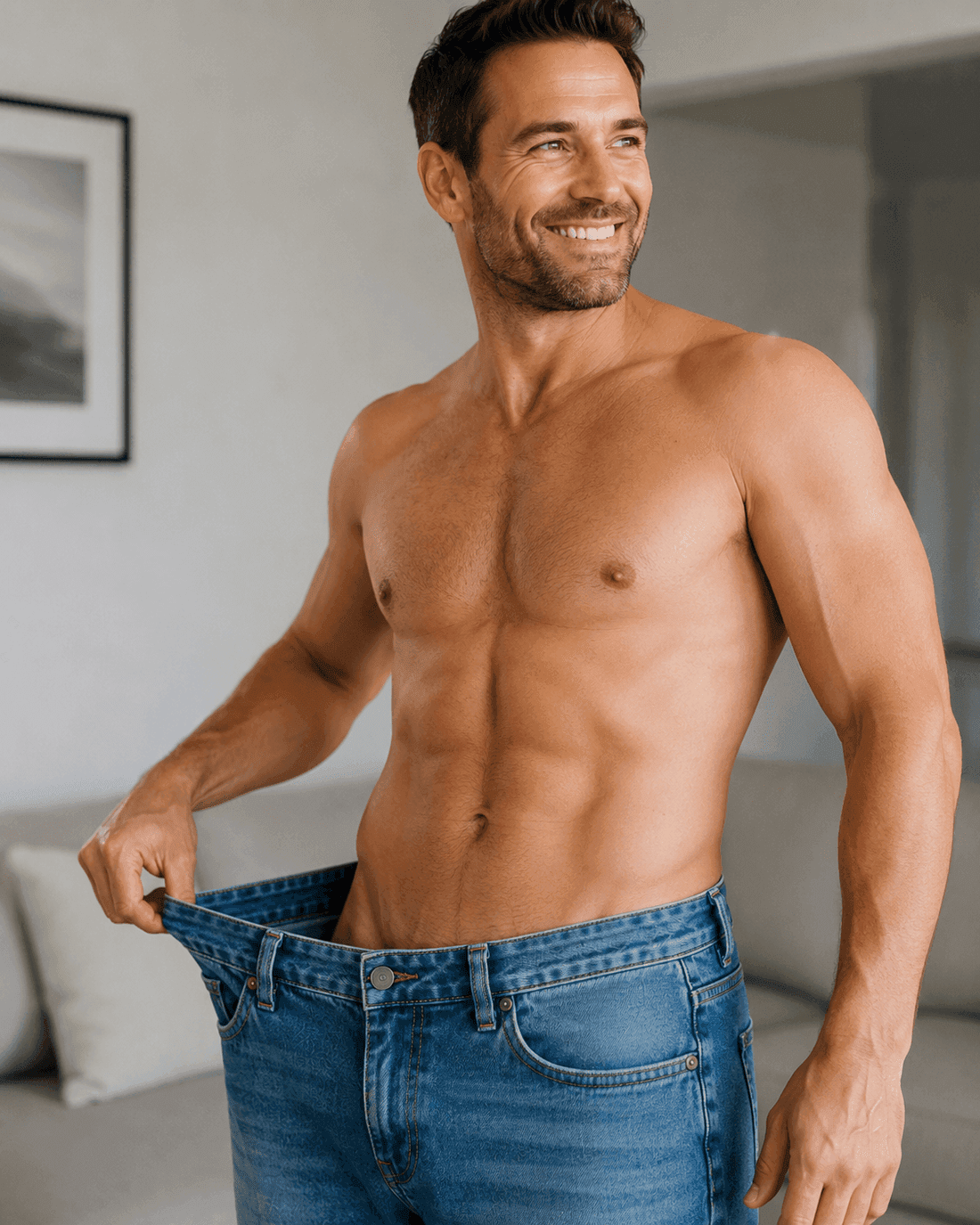 A smiling shirtless man holding the now-loose waistband of his jeans