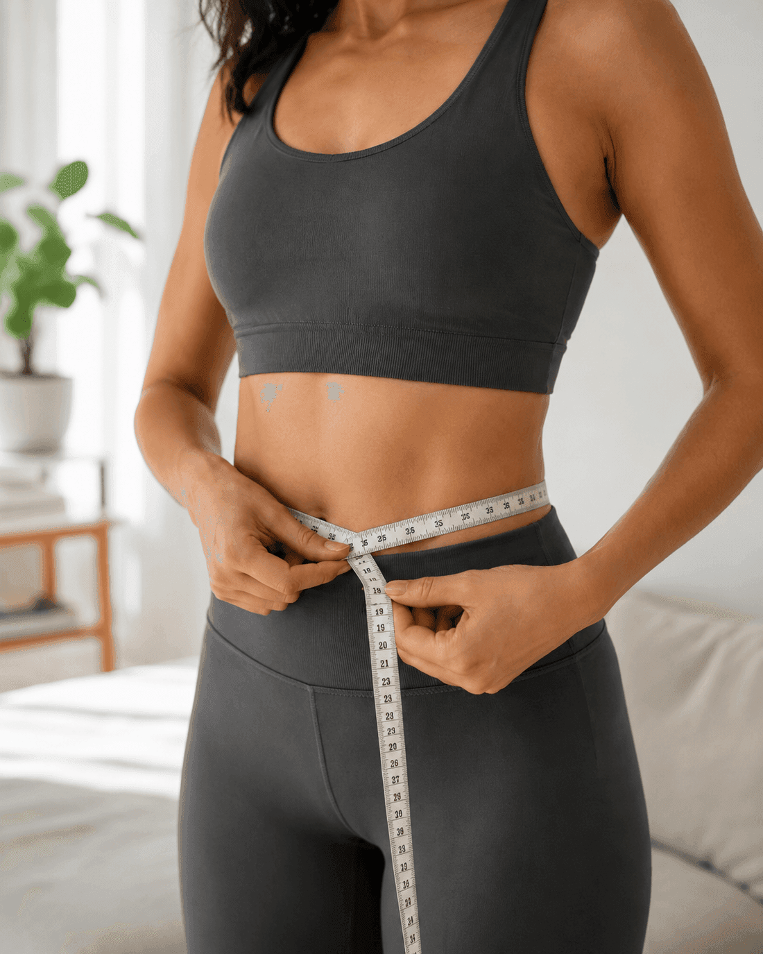 A woman measuring her waist with a tape measure