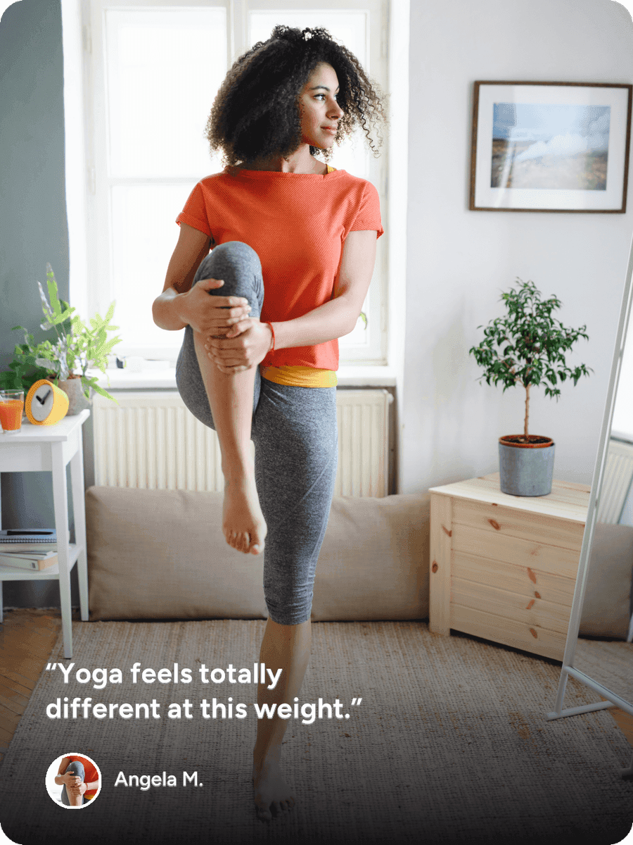 Patient testimonial from Angela M.: “Yoga feels totally different at this weight.”
