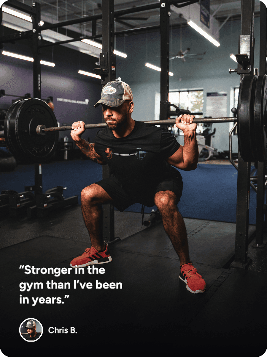 Patient testimonial from Chris B.: “Stronger in the gym than I've been in years.”